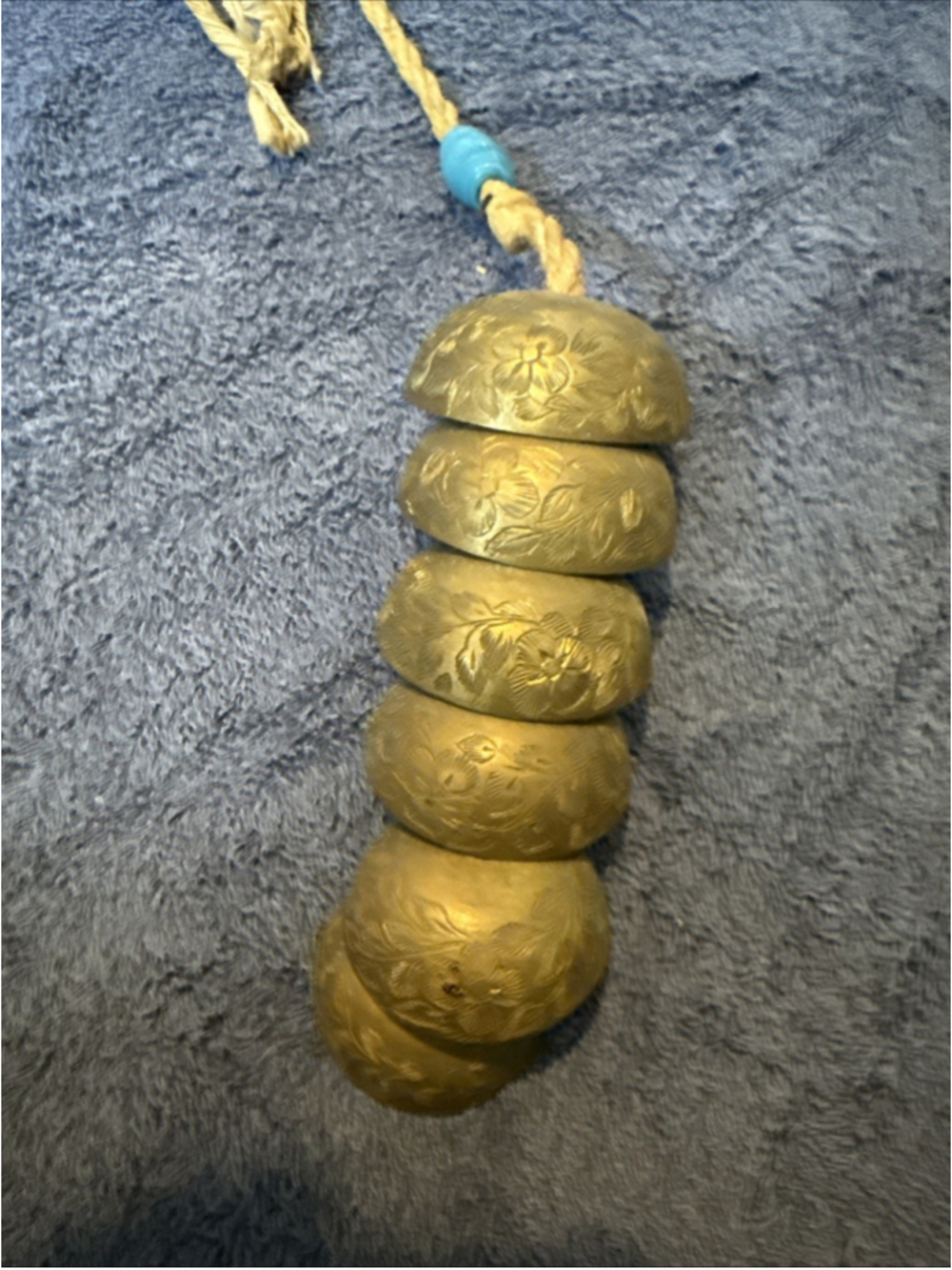 Vintage Bells Brass Bells 18" Long On A Rope W/ Glass Bead Old! - Picture 2 of 5